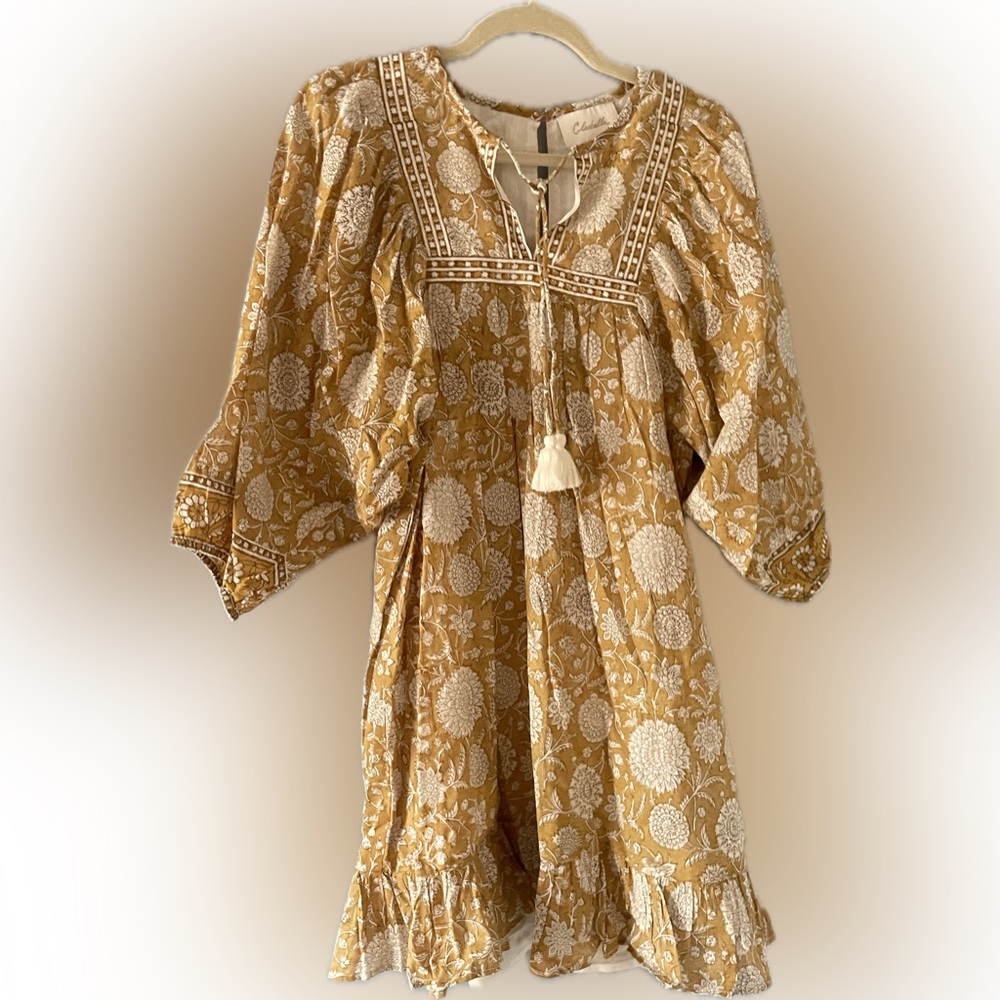 Cleobella Magdalena Mustard Yellow Floral Tassel Boho Dress